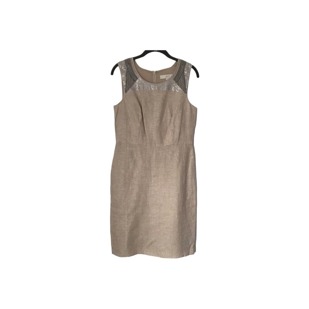 Ann Taylor Loft Dress Womens Size 2 Beige‎ 100% Linen Sleeveless Sequin Sheath